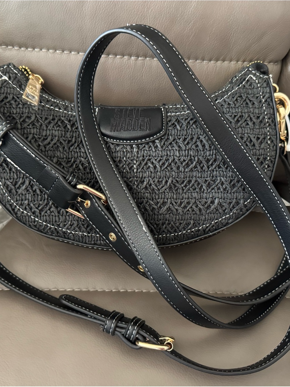 Steve Madden Black Woven Crescent Crossbody with Gold Hardware